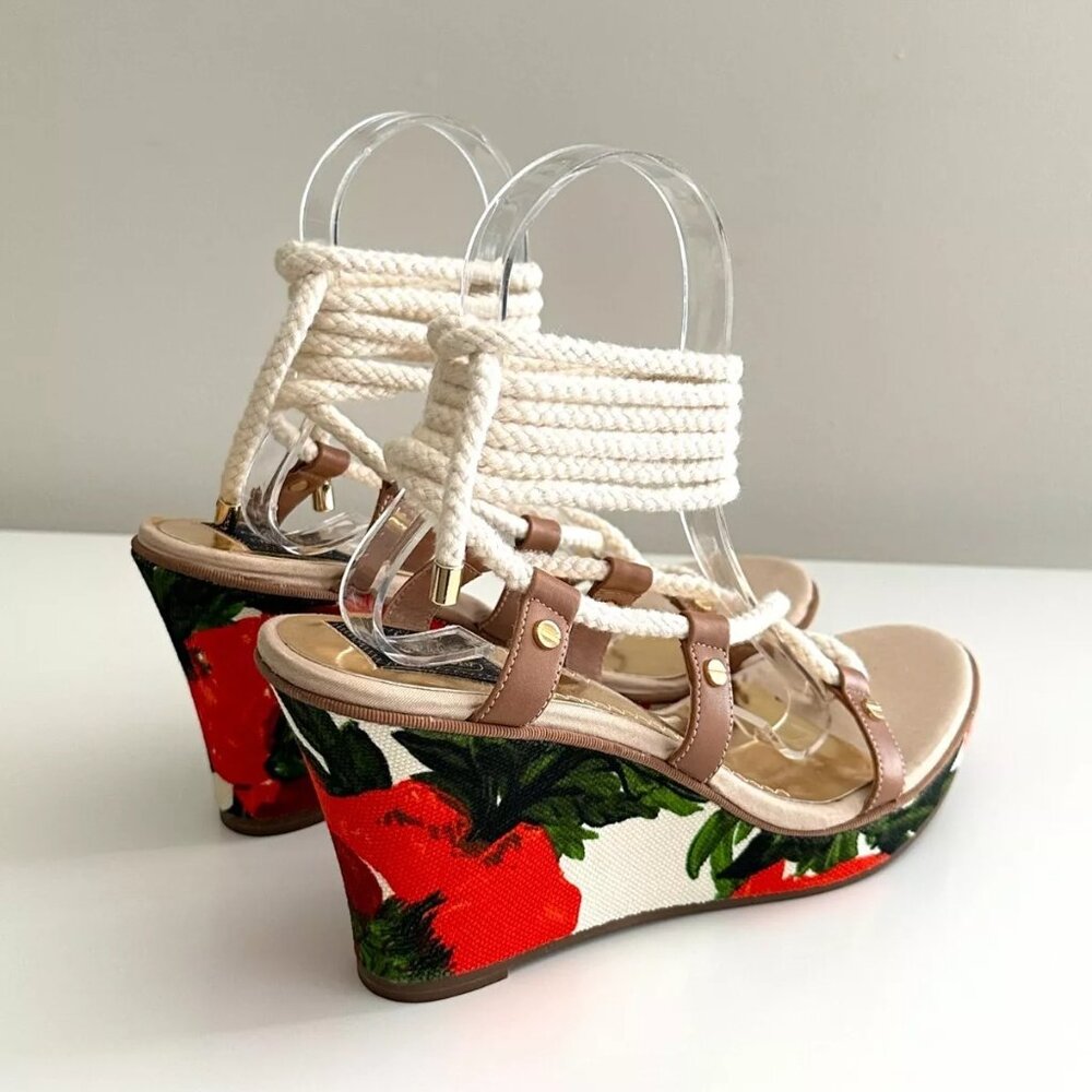 NEW MILLY X SPERRY TOP-SIDER Floral Rope Lace Up Wedge Sandals in Red Sze 8